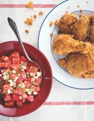 Michy's Fried Chicken and Watermelon Greek Salad Reprinted from Fried & True by Lee Schrager with Adeena Sussman. Photo credit: Evan Sung 
